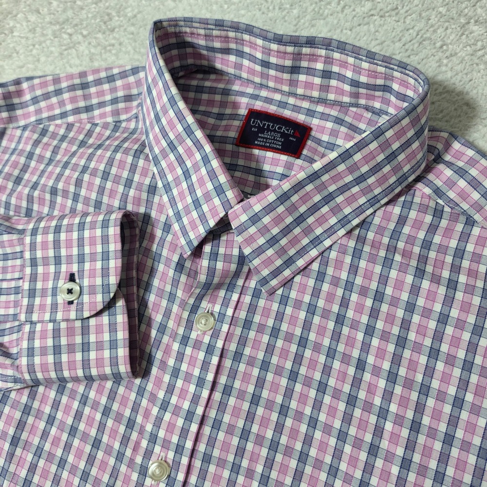 UNTUCKit Button Down Mens L Pink Blue Plaid Wrinkle Free L/S Shirt